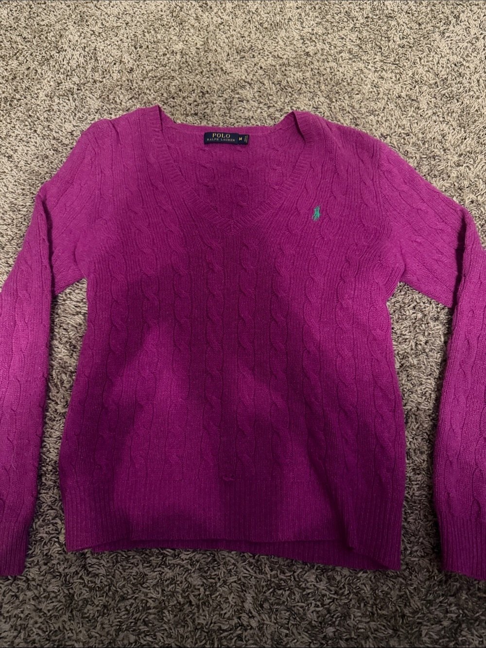 Polo by Ralph Lauren V-Neck Cable Knit Sweater in Magenta